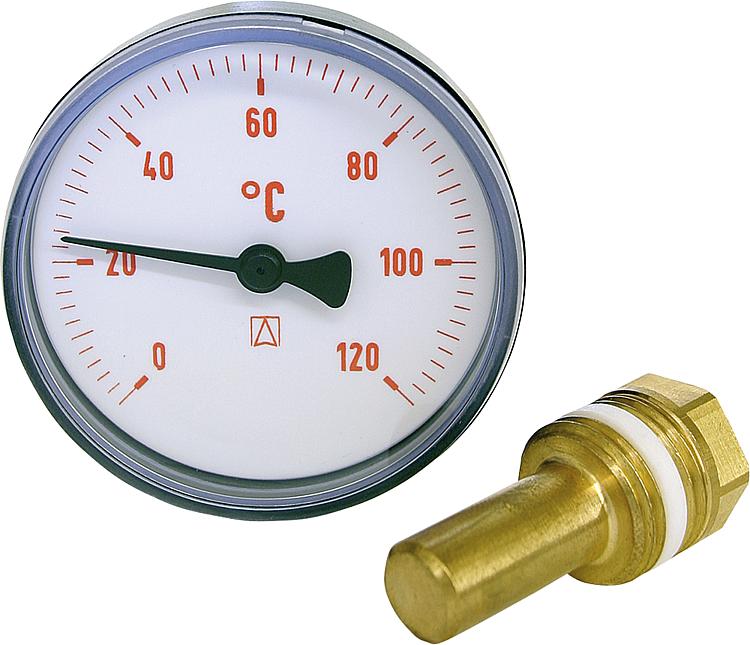 Bimetall-Thermometer 0-120 °C 63 mm durch., Kunststoffgehäuse rot(ohne Kugelhahn)