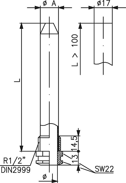 Tauchhülse Alre THK-2-600 Messing vernickelt, Bl:600mm, DN15 (1/2")