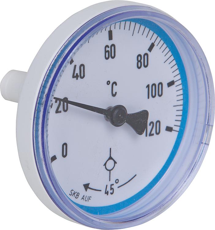 Rücklaufthermometer blau für Kugelhähne Easyflow mit Symbol Schwerkraftbremse