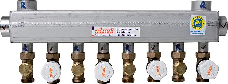 Magra-Edelstahl-Heizkreisverteiler mit mont. Magra-Ventilen für 8 Gruppen 60/60 mm