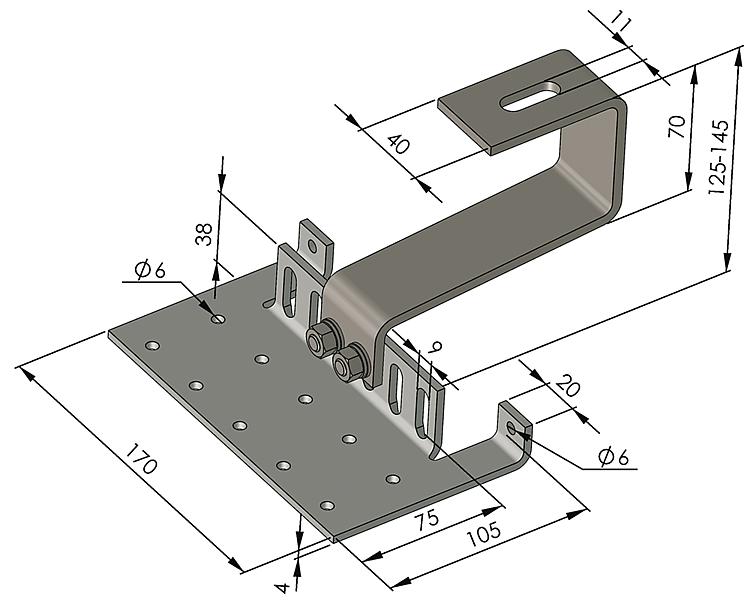 Grundplatte mit Trägerbügel und *BG* Schlossschrauben M 8 x 20 mm für Aufdachmontageset Standard