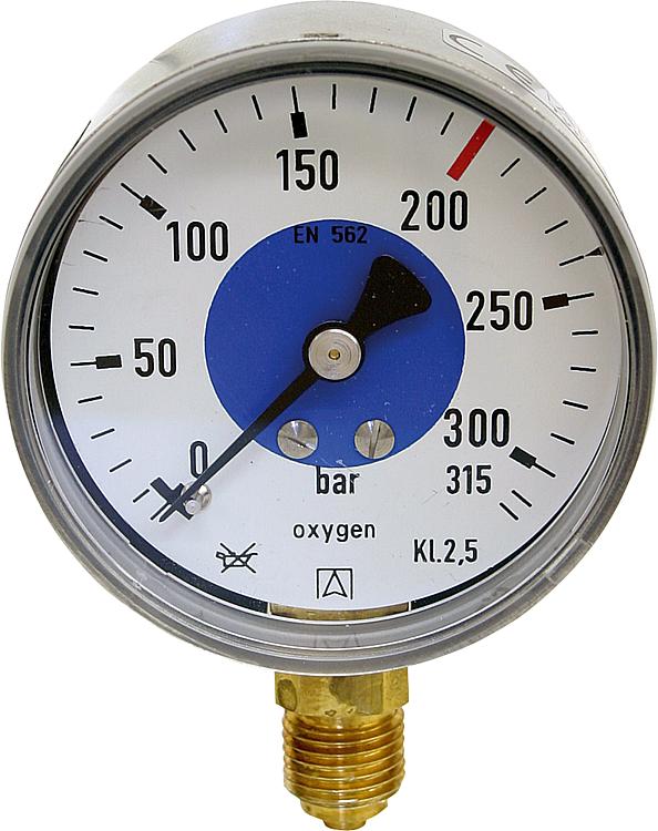 Manometer f. Sauerstoff D63, 0-40bar Anschluss R1/4" verchr. Gehäuse Stahlblech schwarz mit Aufschrift